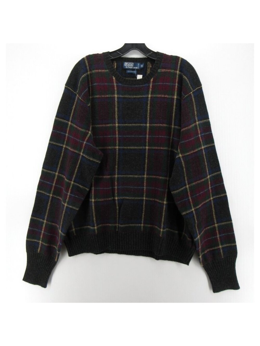 VINTAGE Polo Ralph Lauren Sweater XXL Lambs Wool Plaid Preppy Crewneck